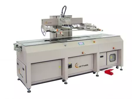 Automatic Home Appliance Glass Screen Printer - Equipped with the correcting device at feeding section, shuttle table with double-work station transports the substrate to attain precise centered alignment, nesting bars are equipped at bilateral side for printing edge-to-edge, the substrate is discharged by conveyor belt after printing.